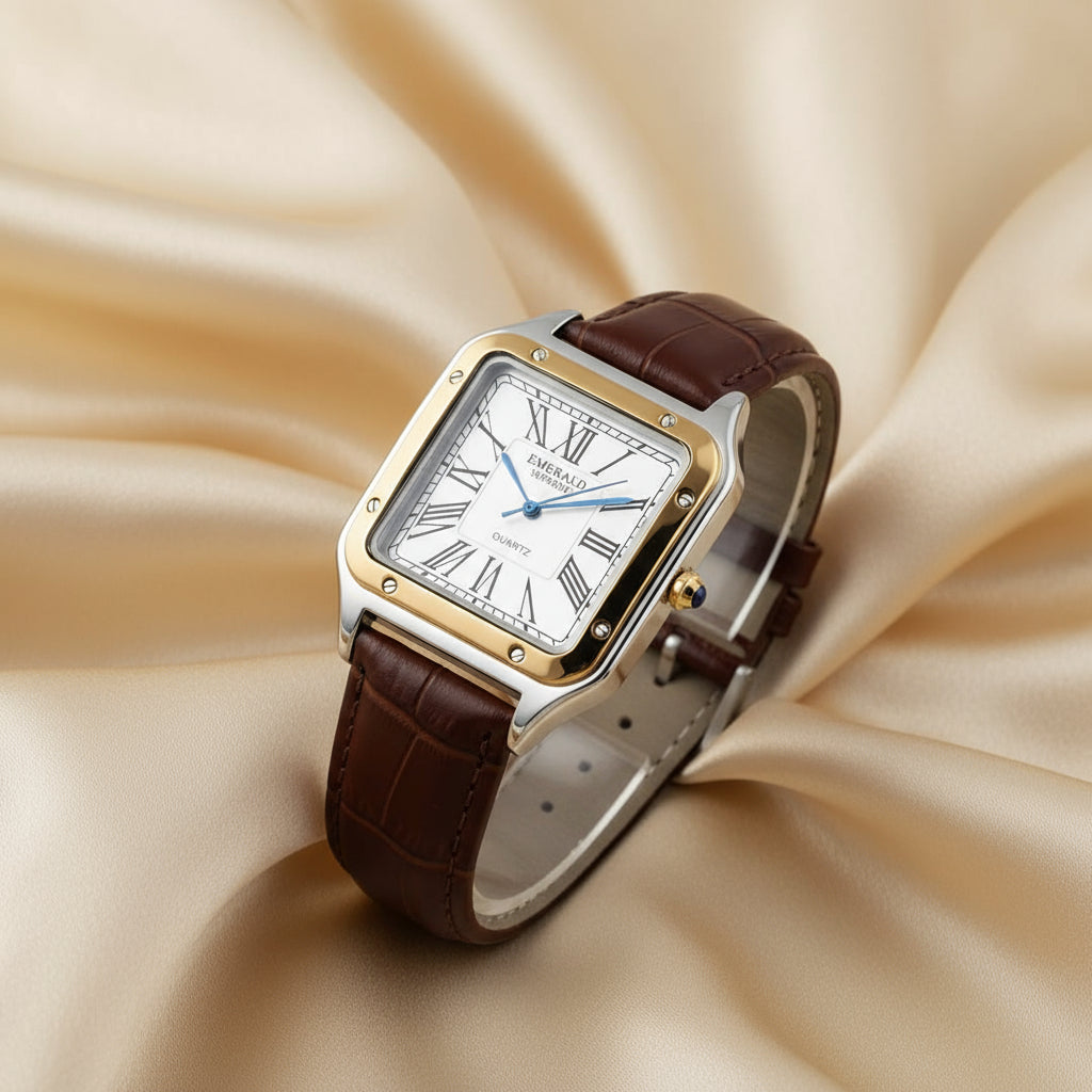 Watch with brown leather strap and silver and gold case on a white background