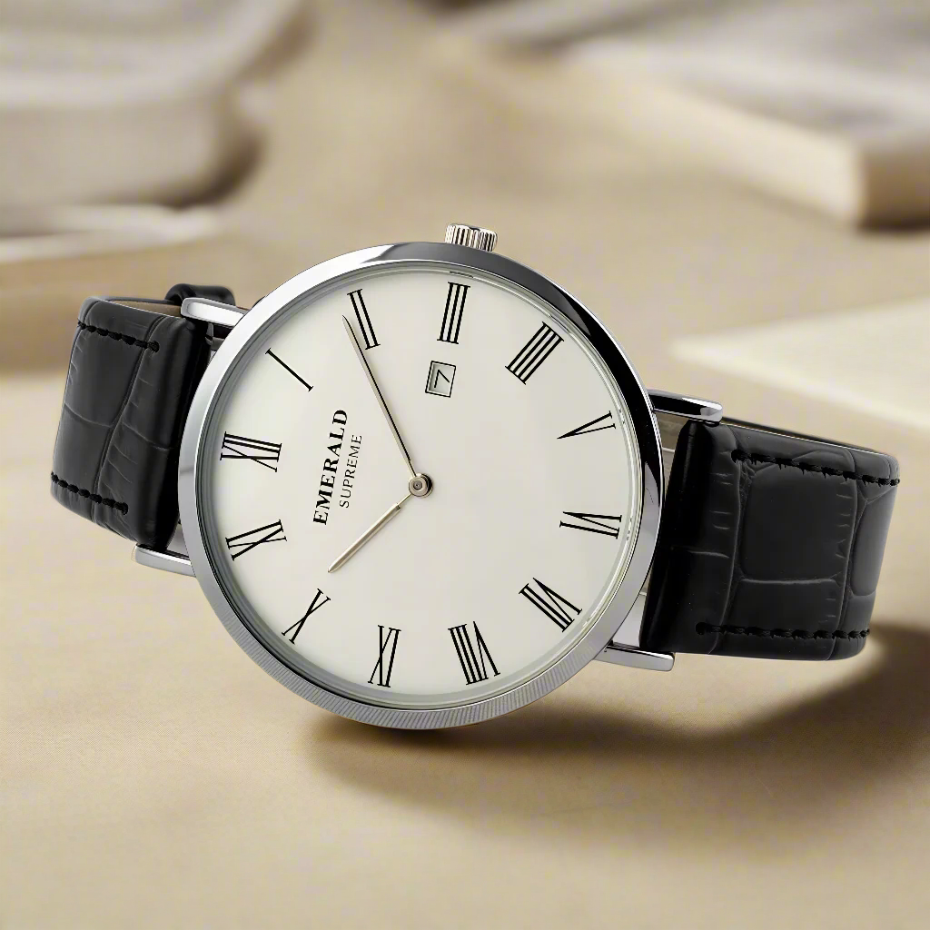 Watch with black leather strap and silver case on a white background