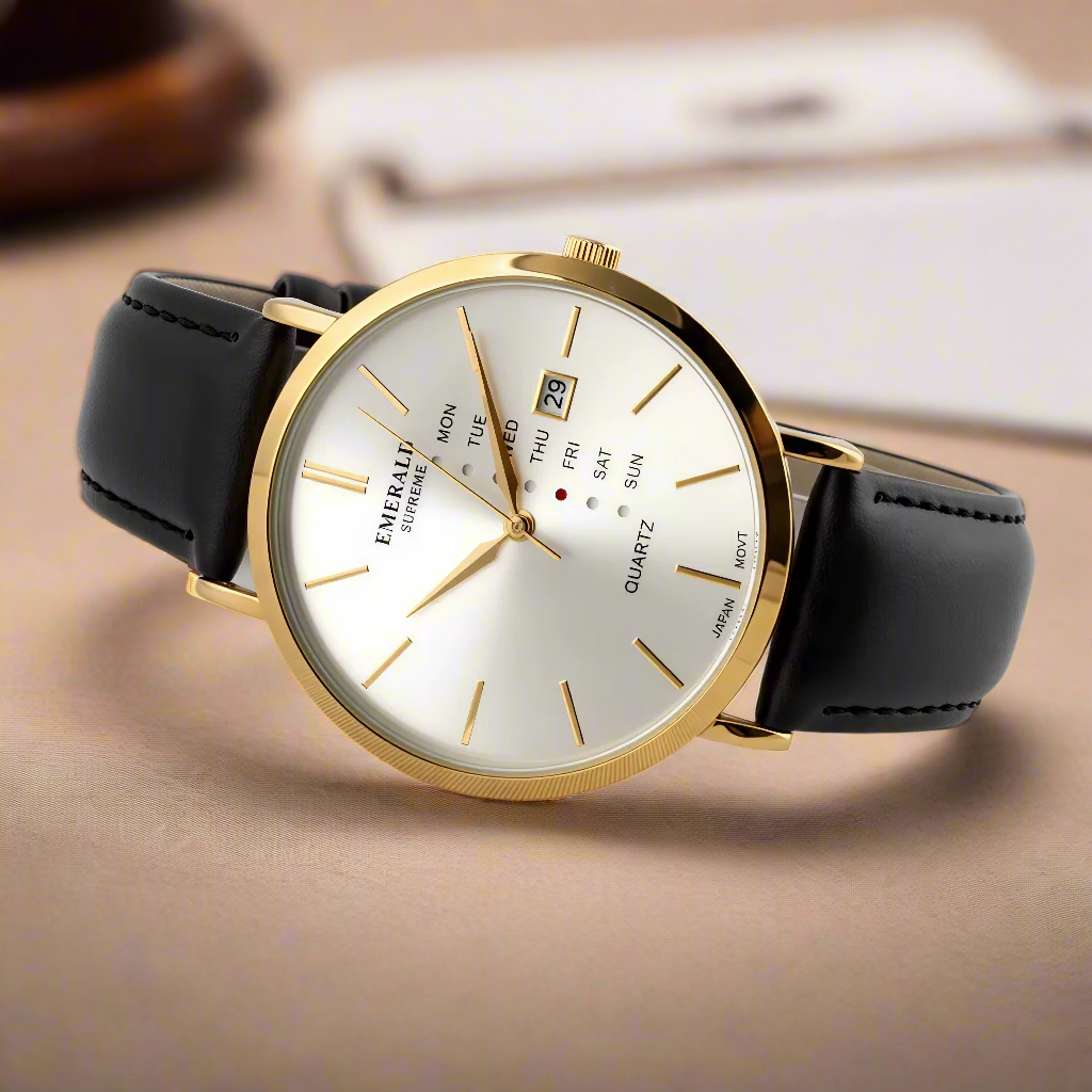 Wristwatch with black leather strap and gold case on a white background