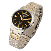 Silver and gold watch with black dial on a white background