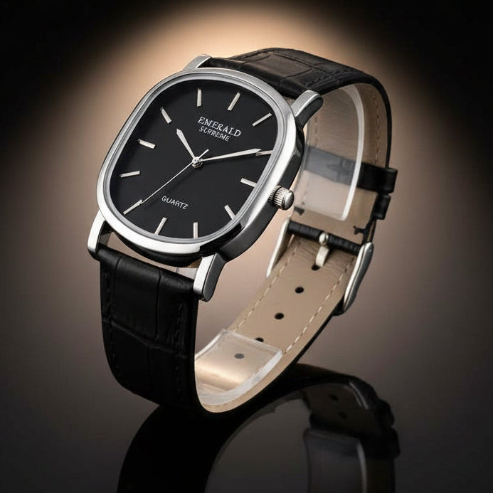 Black wristwatch with silver case and black leather strap on a white background