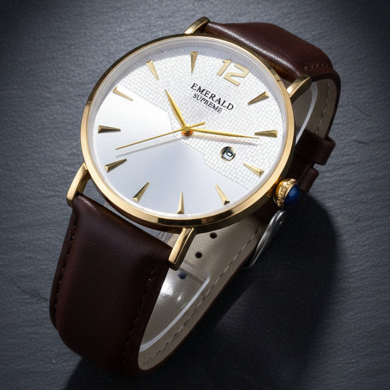Watch with brown leather strap and gold casing on a light gray background