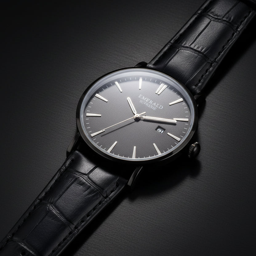 Black wristwatch with a dark face on a white background