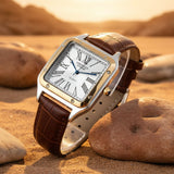 Watch with brown leather strap and silver and gold case on a light gray background