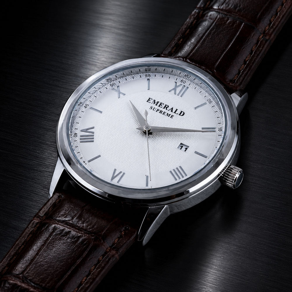 Emerald Classic Pearl ES-9001 White Dial Brown Leather Men's Watch