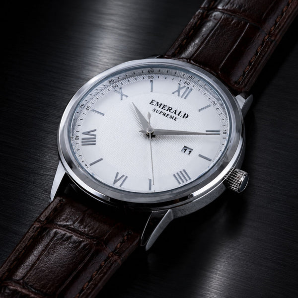 Emerald Classic Pearl ES-9001 White Dial Brown Leather Men's Watch