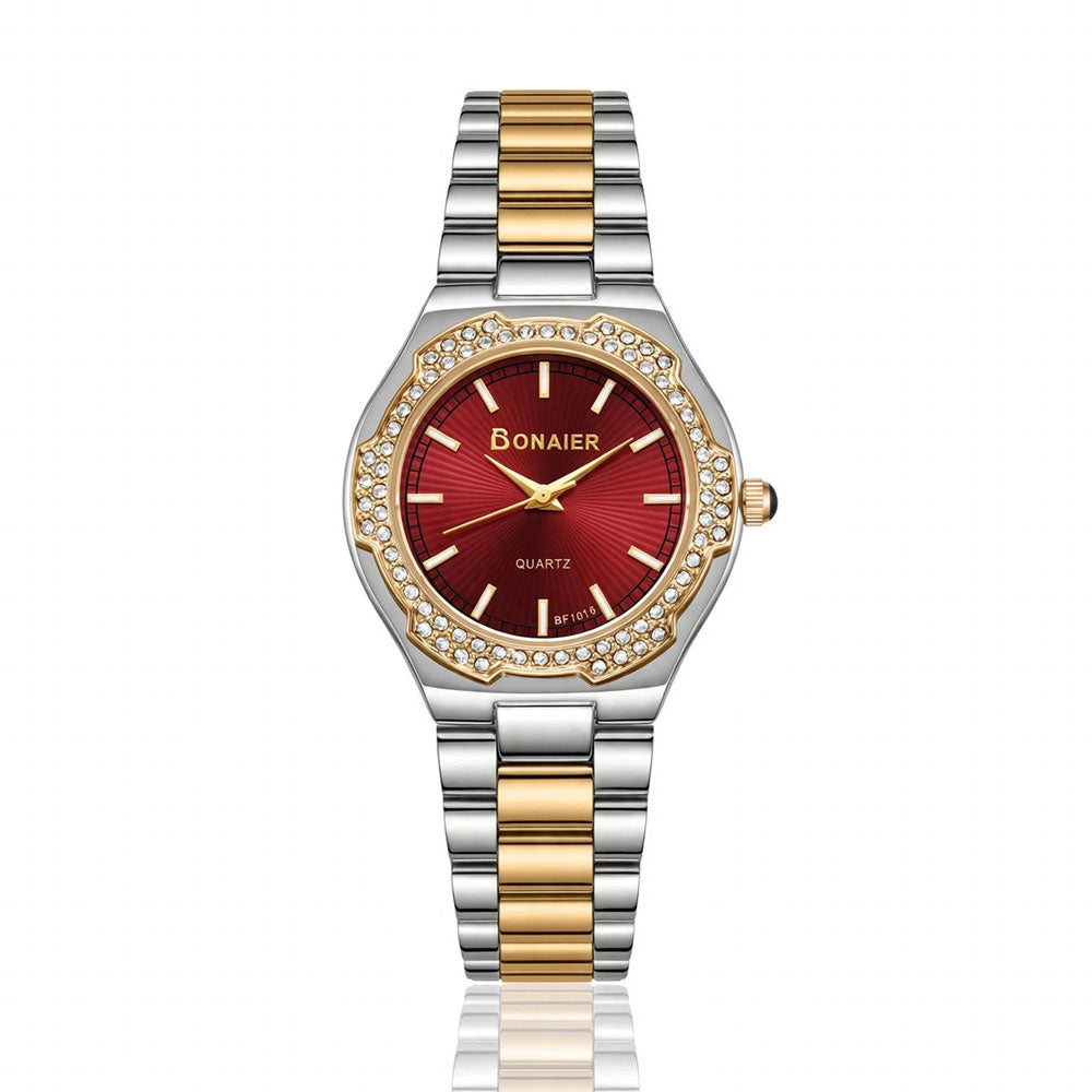 Bonaier Diamond Watch for Women – Red Dial – Two Tone