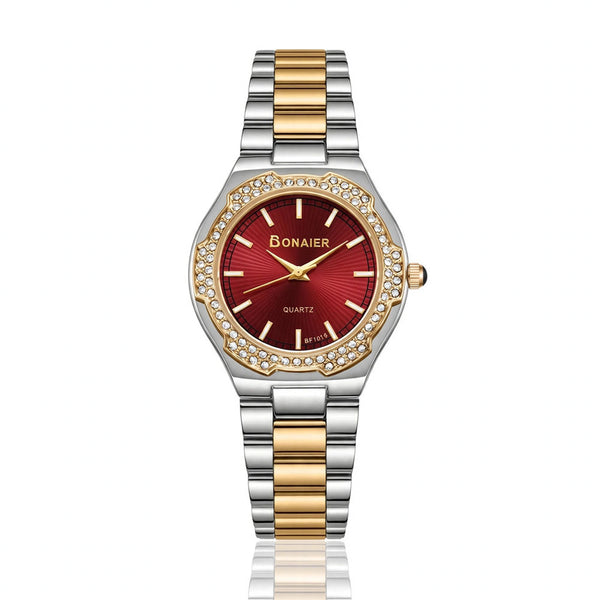 Bonaier Diamond Watch for Women – Red Dial – Two Tone