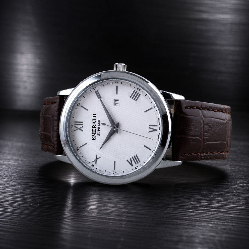 Emerald Classic Pearl ES-9001 White Dial Brown Leather Men's Watch