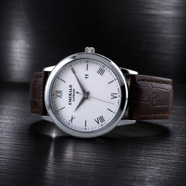 Emerald Classic Pearl ES-9001 White Dial Brown Leather Men's Watch