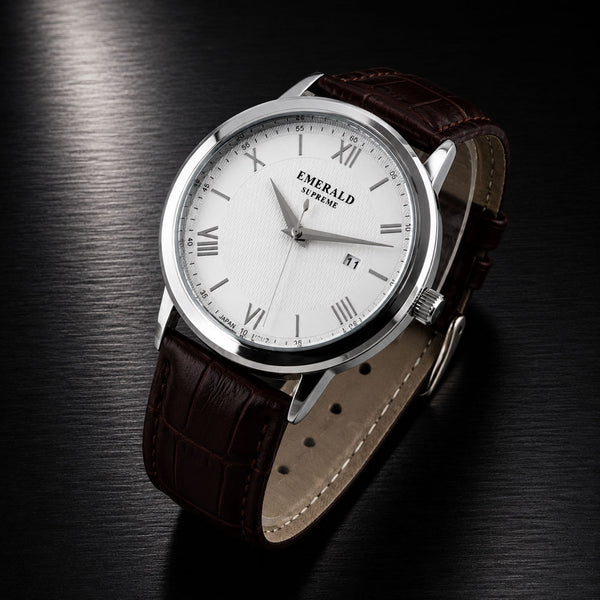 Emerald Classic Pearl ES-9001 White Dial Brown Leather Men's Watch