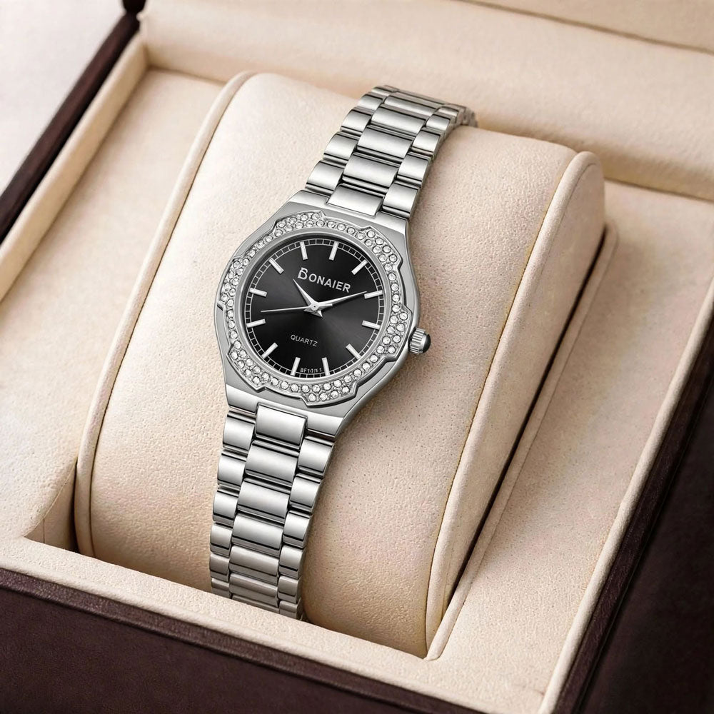 Bonaier Diamond Watch for Women – Black Dial-Silver Chain