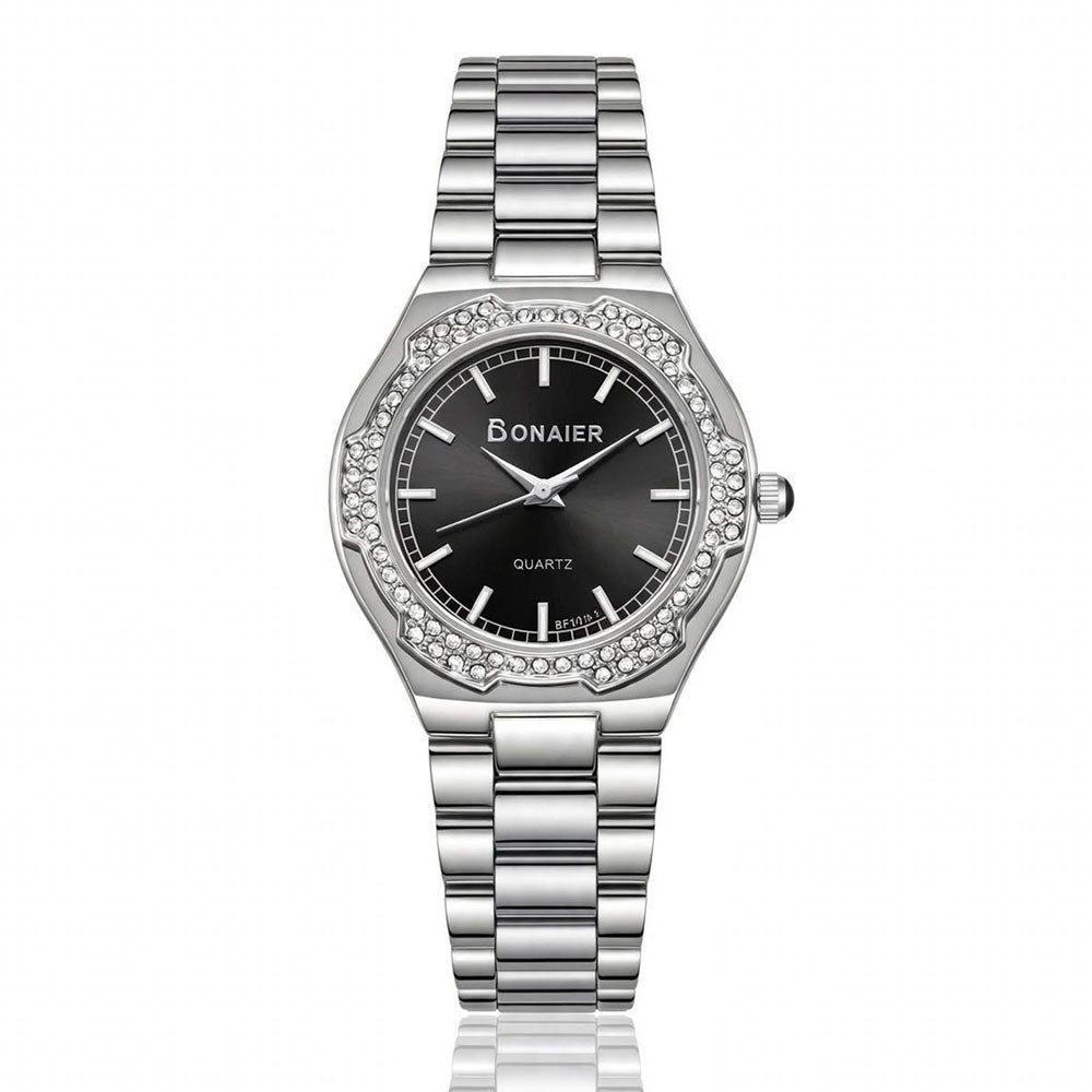 Bonaier Diamond Watch for Women – Black Dial-Silver Chain