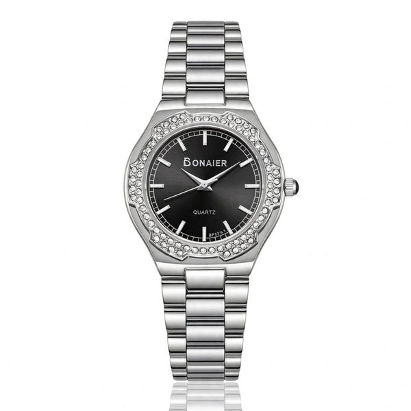 Bonaier Diamond Watch for Women – Black Dial-Silver Chain