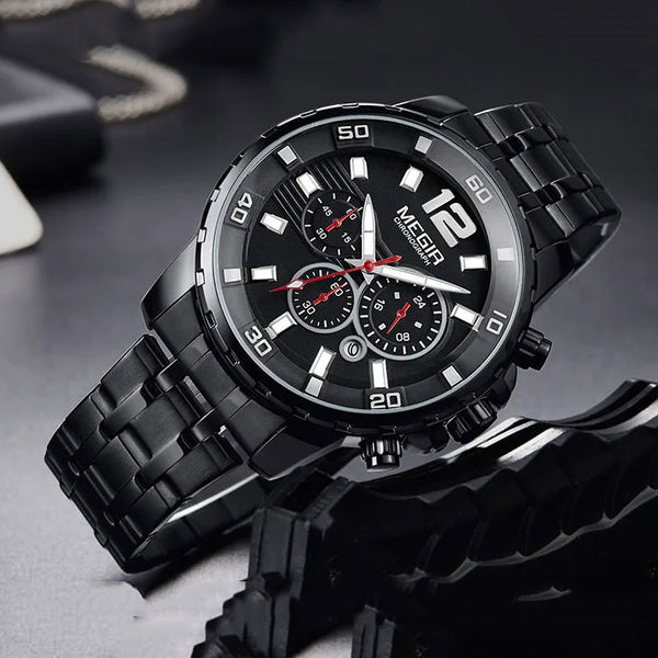 MEGIR  MG2068 Black dial Black chain Chronograph