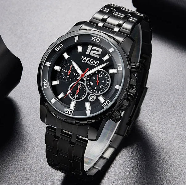 MEGIR  MG2068 Black dial Black chain Chronograph