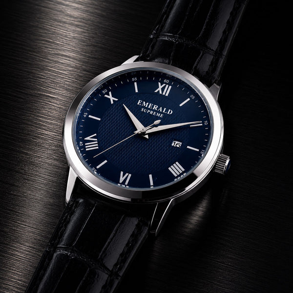 Emerald Classic Navy ES-9002-Blue-Dial Black Leather Men's Watch