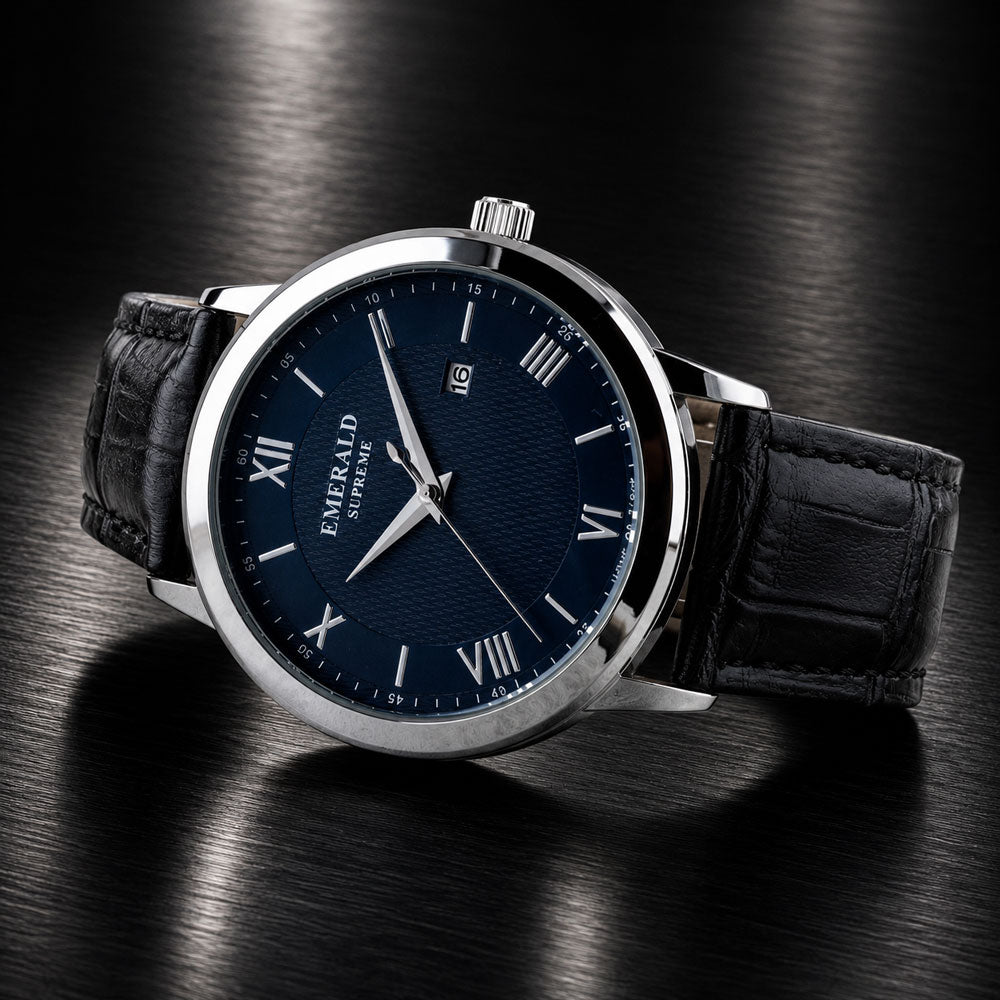 Emerald Classic Navy ES-9002-Blue-Dial Black Leather Men's Watch
