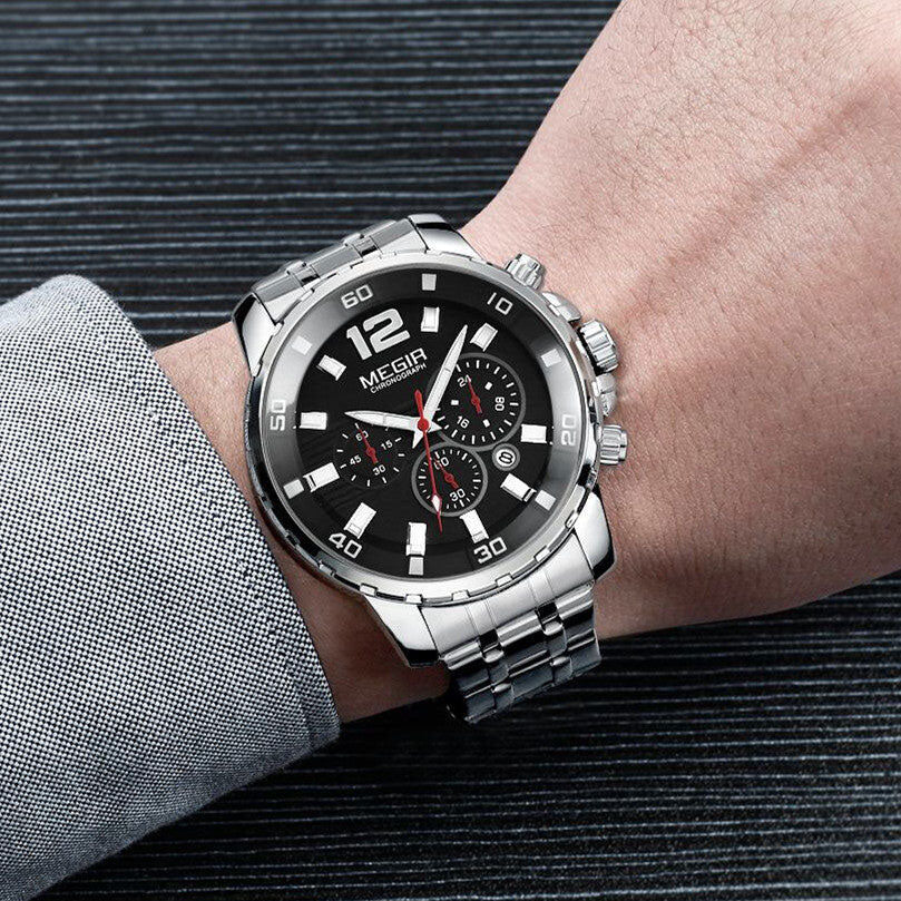 MEGIR 2068 Black dial Silver Chain chronograph watch