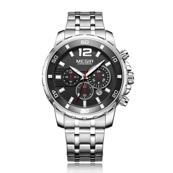 MEGIR 2068 Black dial Silver Chain chronograph watch
