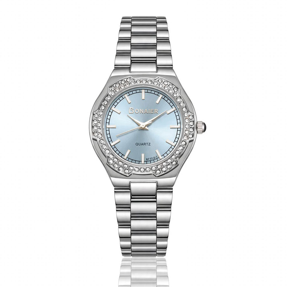 Bonaier Diamond Watch for Women – Sky-Blue Dial-Silver Chain Main image