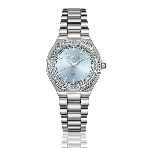 Bonaier Diamond Watch for Women – Sky-Blue Dial-Silver Chain