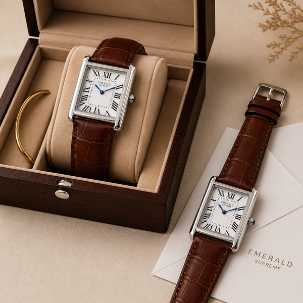 Emerald Tank Couple ES-2626 White dial Brown Leather