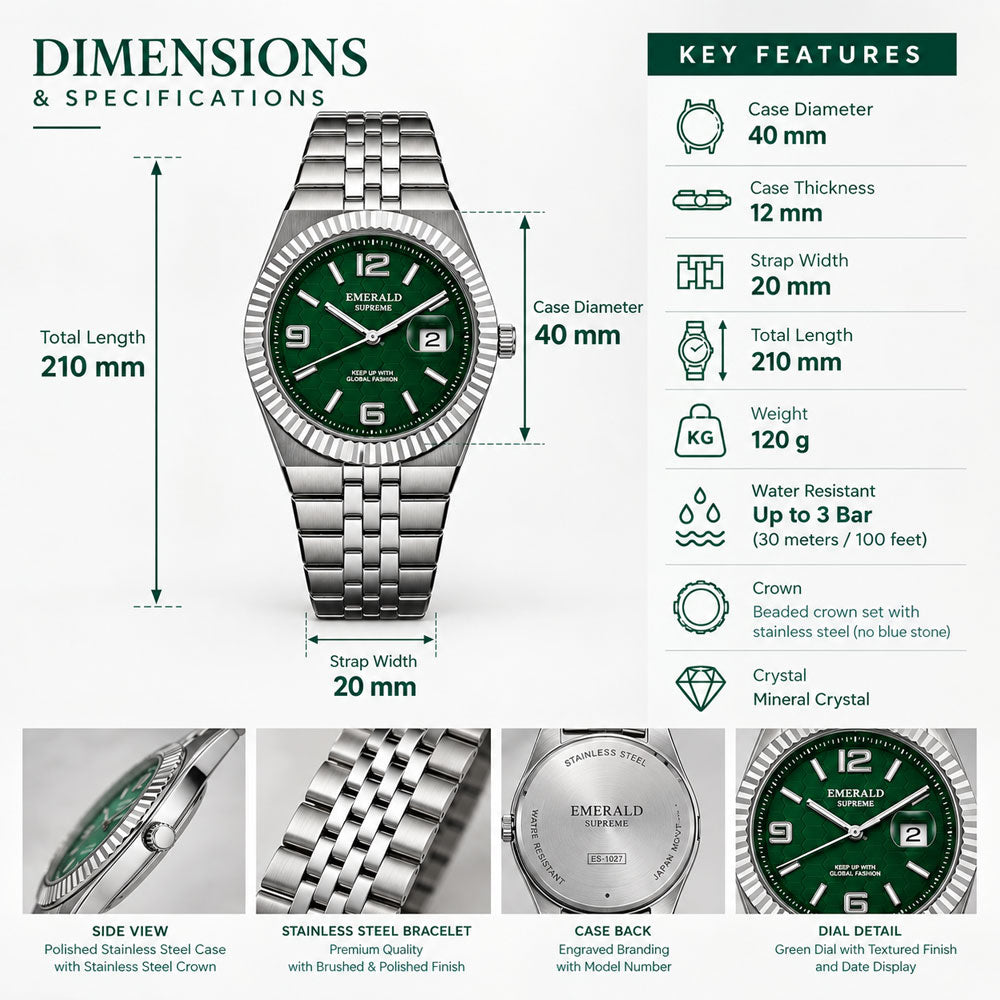 Emerald Land-Dweller ES-4094 Green Dial silver Bracelet Men's Watch