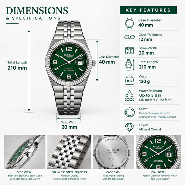 Emerald Land-Dweller ES-4094 Green Dial silver Bracelet Men's Watch