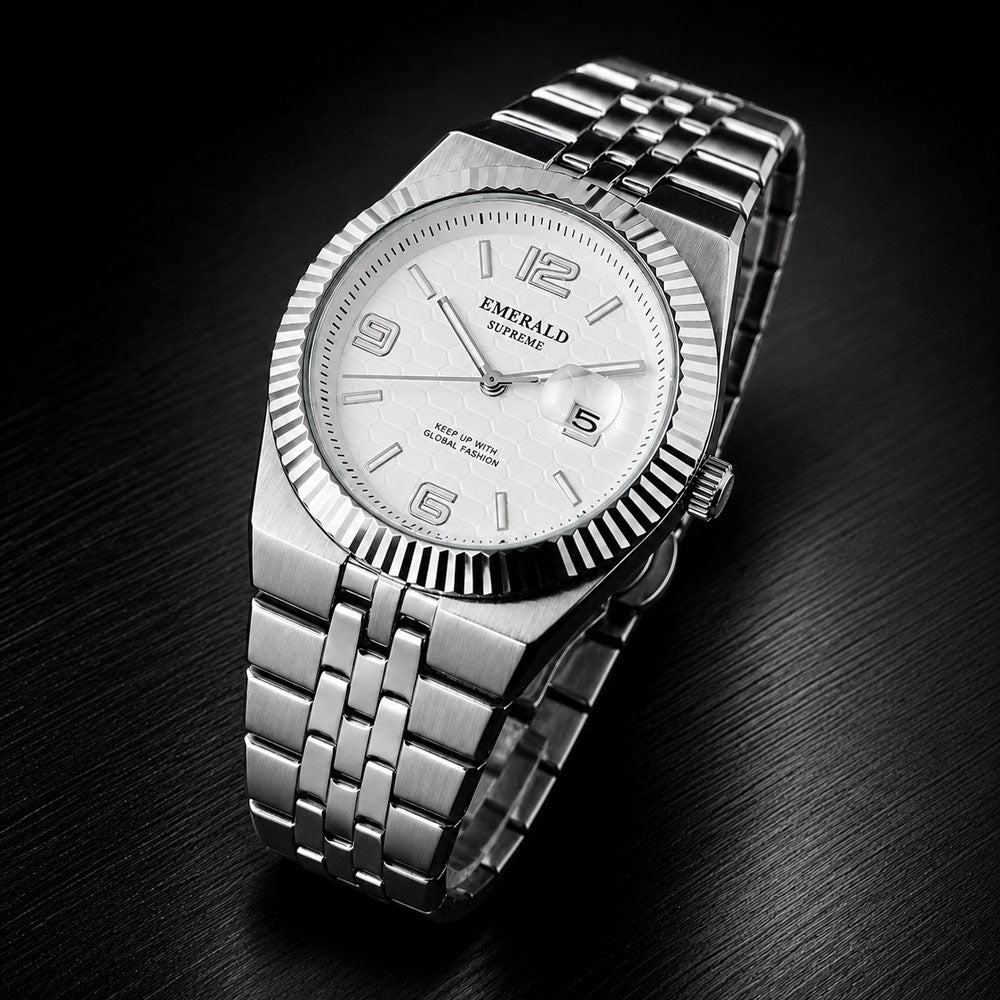 Emerald Land-Dweller ES-4096 White Dial silver Bracelet Men's Watch