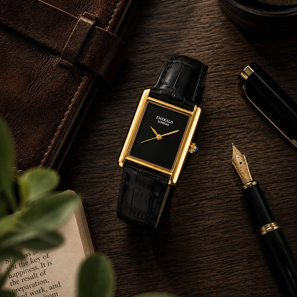 Gold men's watch with black dial and premium leather strap