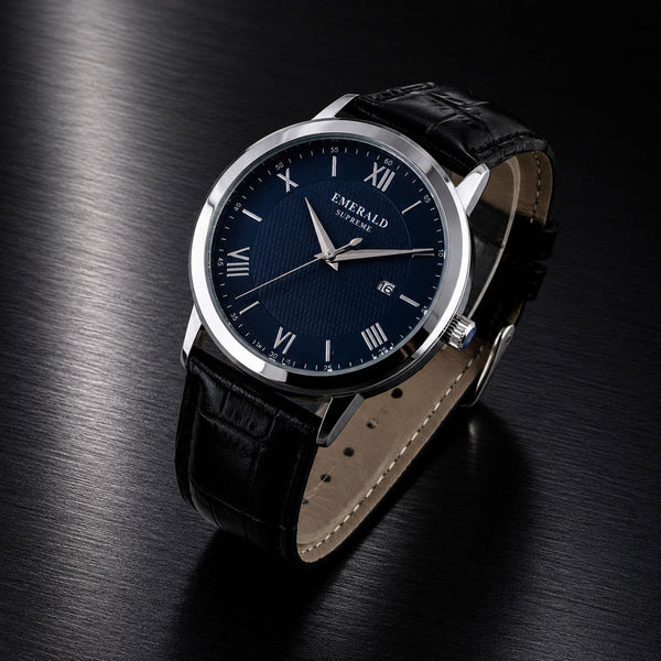 Emerald Classic Navy ES-9002-Blue-Dial Black Leather Men's Watch