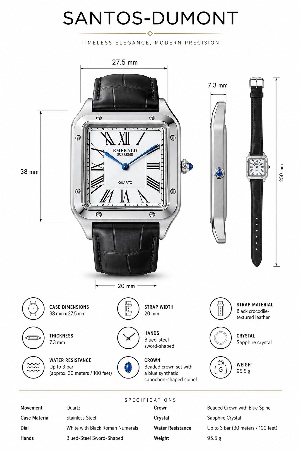 Emerald Santos ES-2029 White dial Black Leather Men's watch