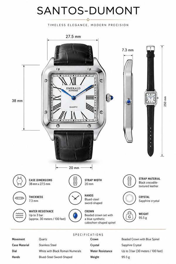 Emerald Santos ES-2029 White dial Black Leather Men's watch
