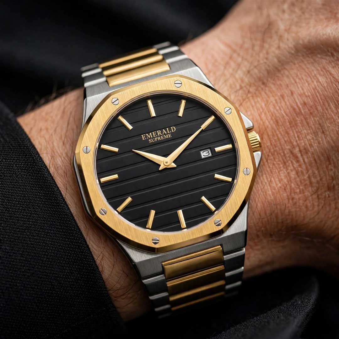 Emerald-supreme-two-tone-watch-on-wrist-lifestyle-look-men.