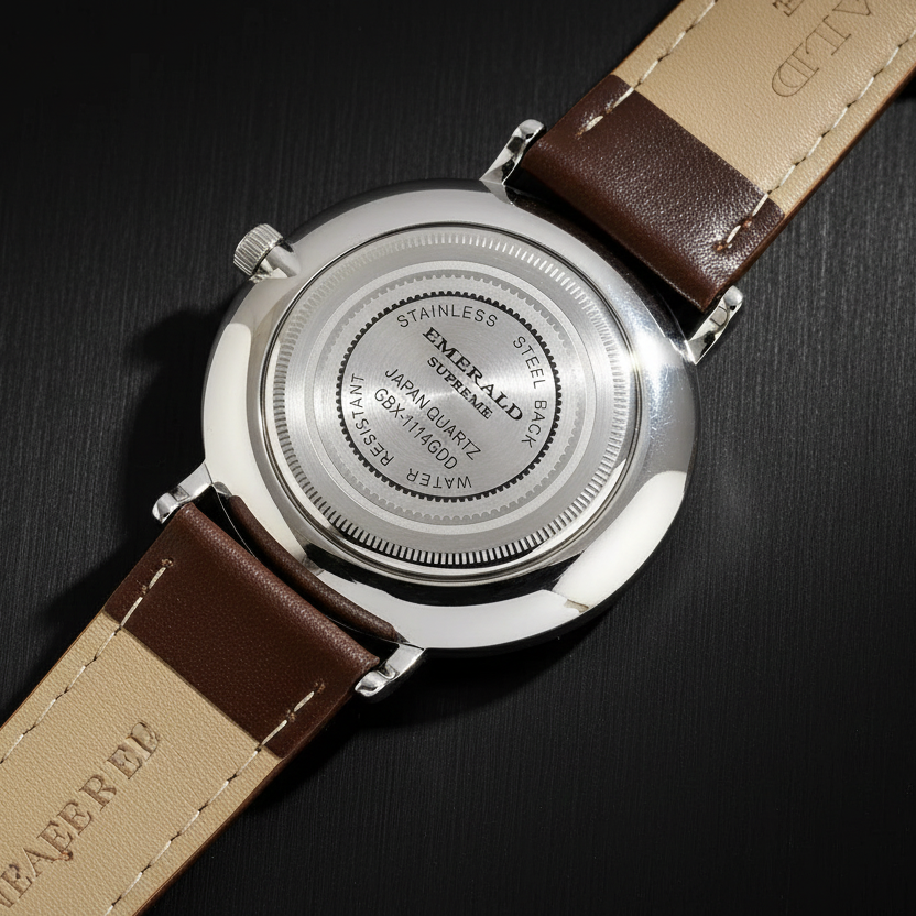 Watch with brown leather strap and visible brand name on a white background