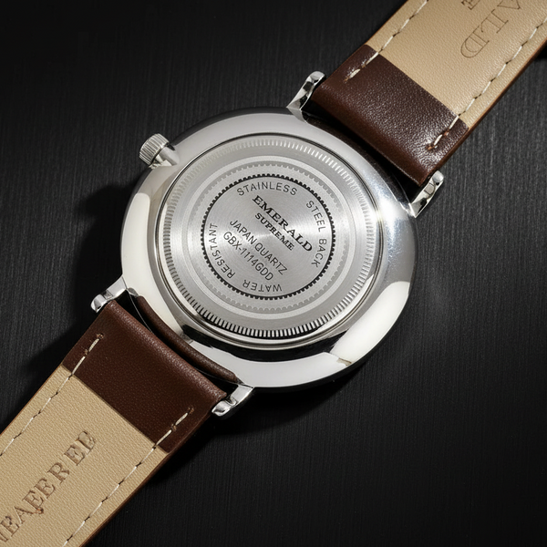 Watch with brown leather strap and visible brand name on a white background