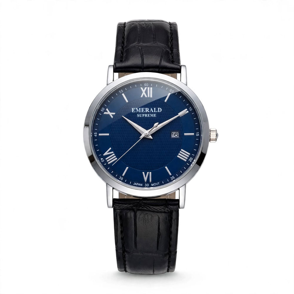 Emerald Classic Navy ES-9002-Blue-Dial Black Leather Men's Watch Main image