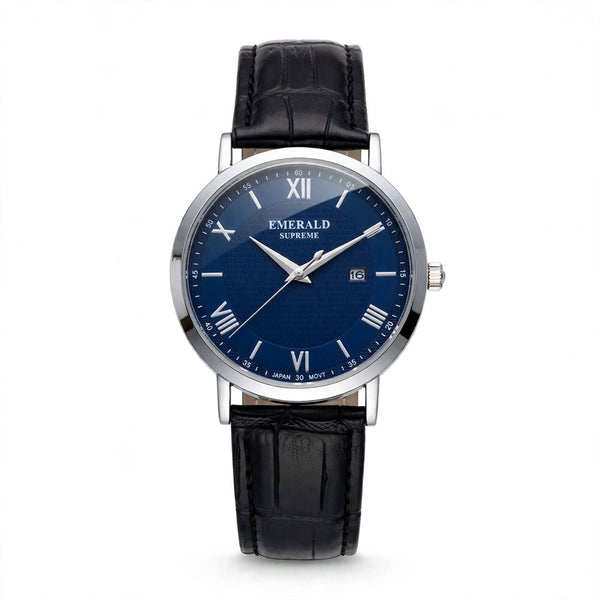 Emerald Classic Navy ES-9002-Blue-Dial Black Leather Men's Watch