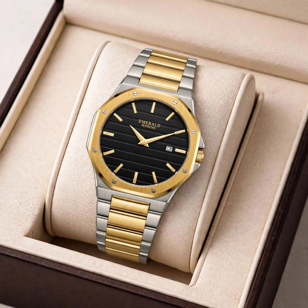 emerald-supreme-two-tone-gold-silver-black-dial-luxury-watch-men. Main image