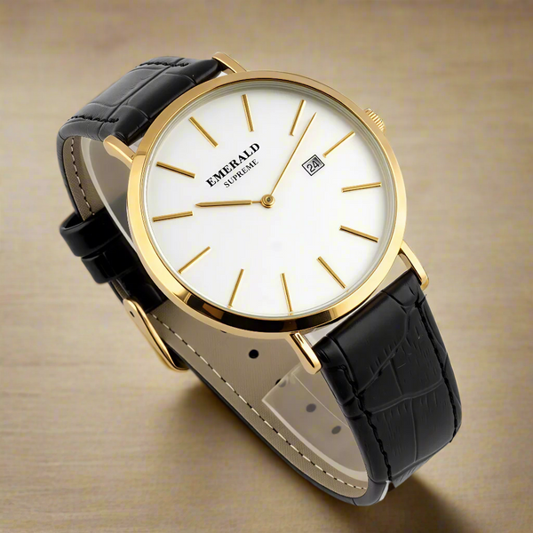 Luxury watch with black leather strap and gold casing on a white background