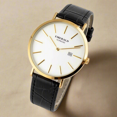 Watch with black leather strap and gold case on a white background