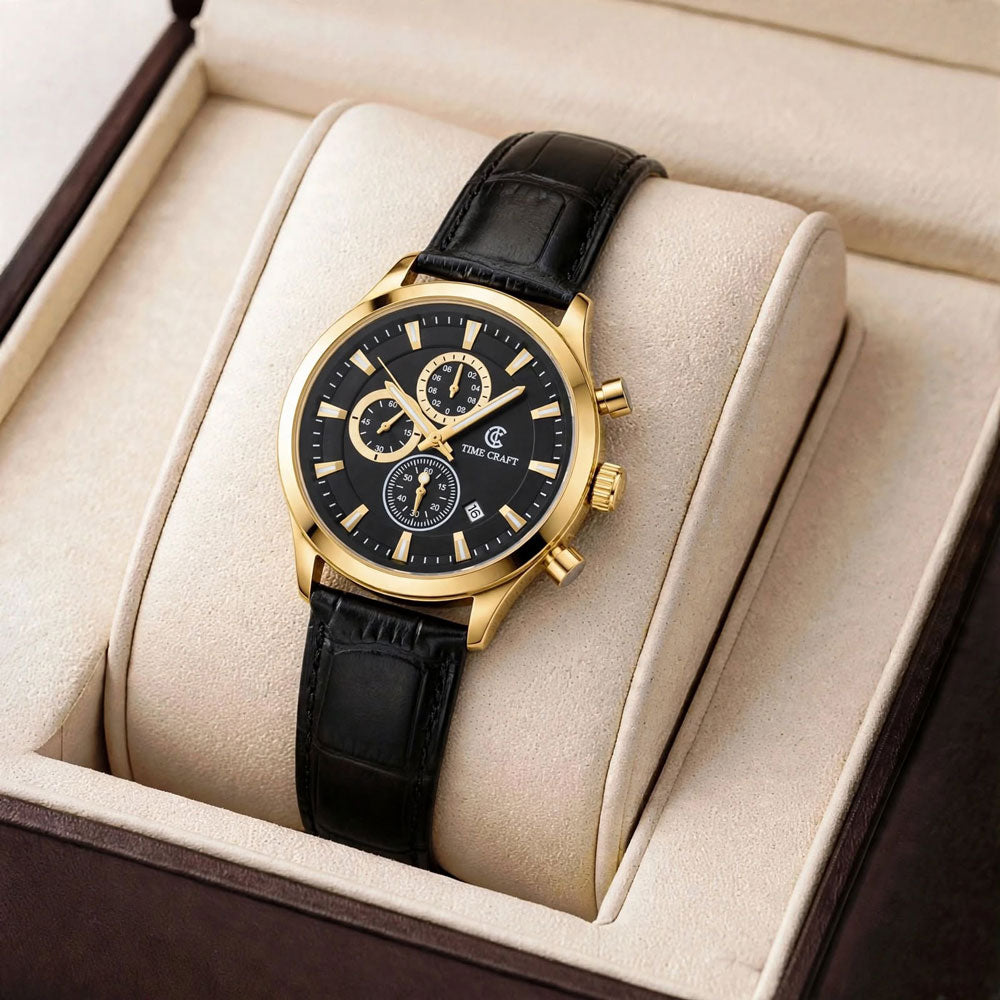 Time Craft TC-1613 Chronograph Black Dial Gold Tone Watch