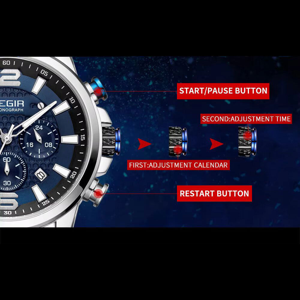 MEGIR MS2156G Blue dial Silver Chain chronograph watch