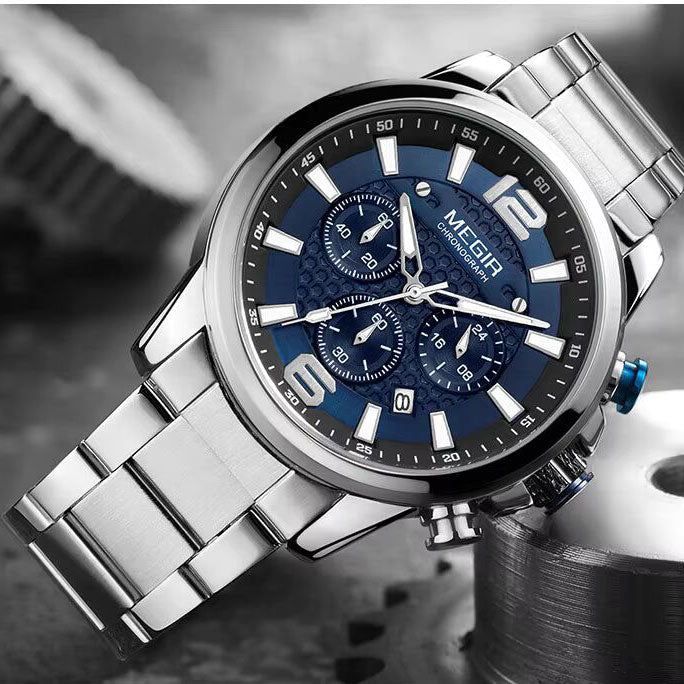 MEGIR MS2156G Blue dial Silver Chain chronograph watch
