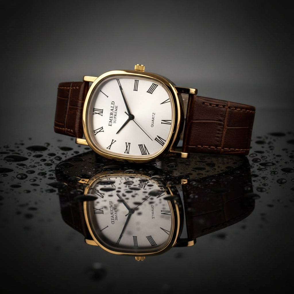 Watch with brown leather strap and gold case on a reflective surface with a dark background