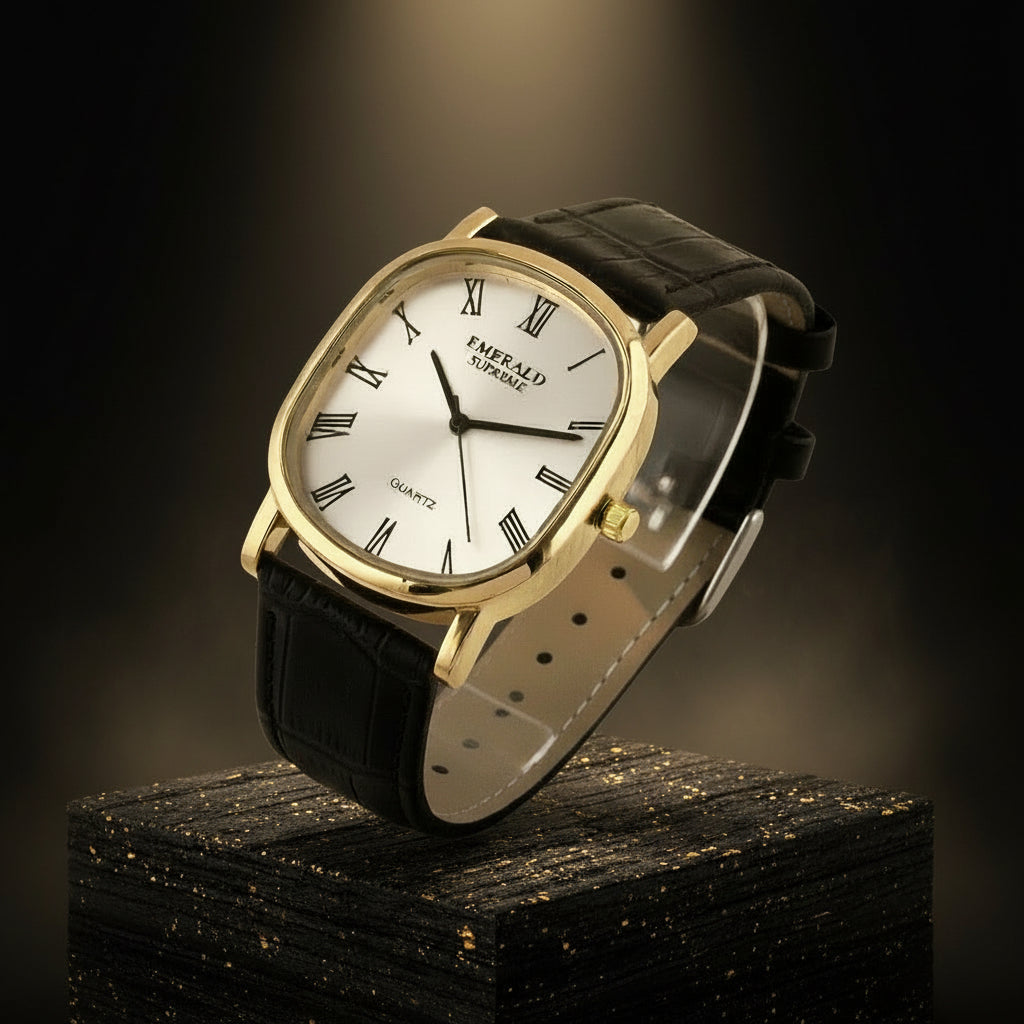 Wristwatch with black leather strap and gold case on a white background