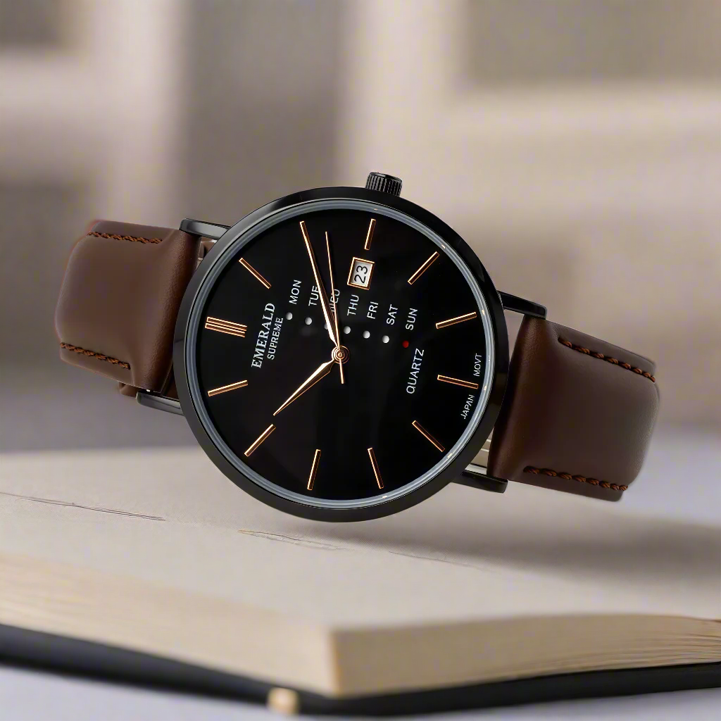 Emerald Heritage Edition ES-9112 Black Dial Brown Leather Men's Watch