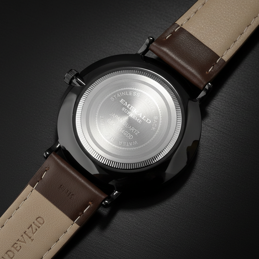 Watch with brown leather strap and visible brand name on a light gray background