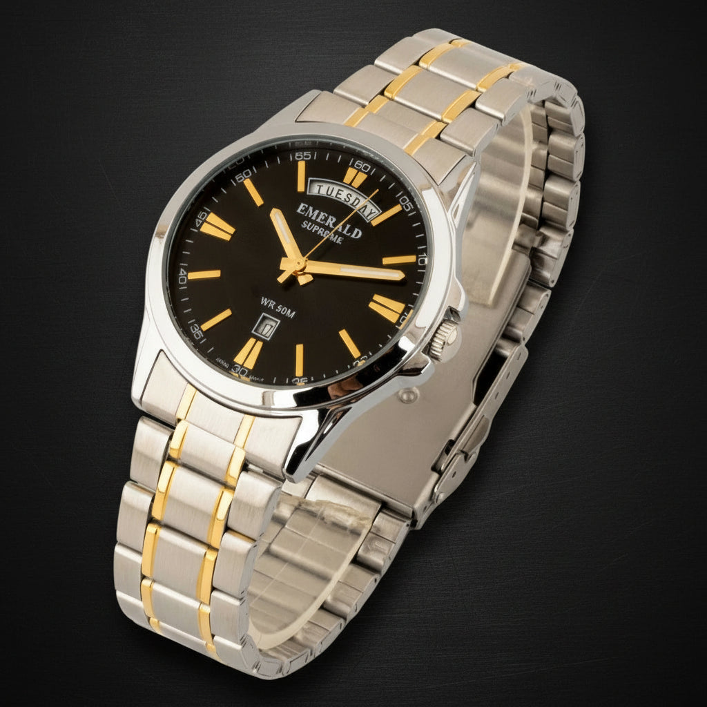 Silver and gold watch with black dial on a white background